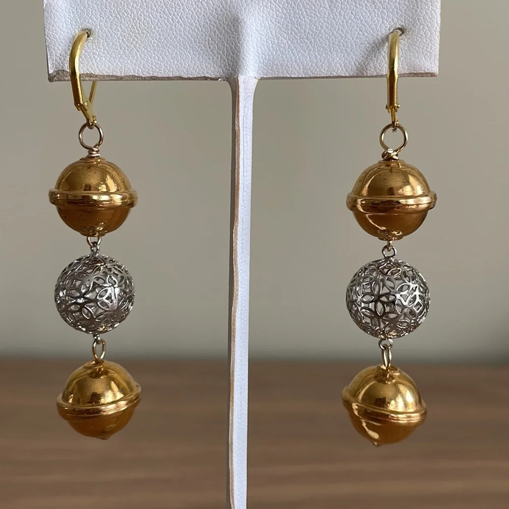 HAND CRAFTED PIERCED EARRINGS BALL DROP EARRINGS Statement Gold Silver Dangling